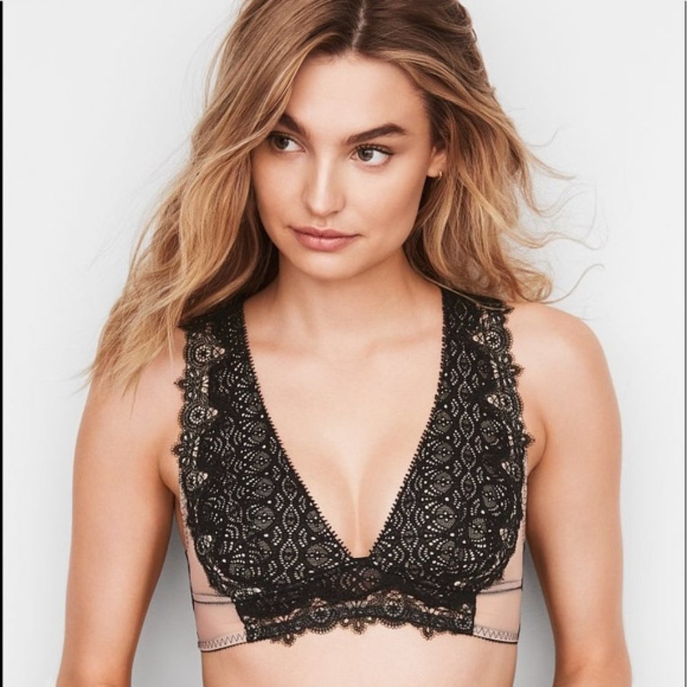 Victoria's Secret Dream Angels Chantilly Lace Plunge Bralette Nude Black Sexy